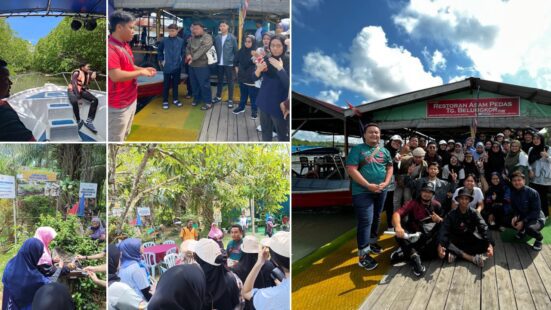 Para mahasiswa dibawa melawat sekitar perairan Tanjung Belungkor dan Pulau Tanjung Surat di bawah program “Mangrove Edutour”
