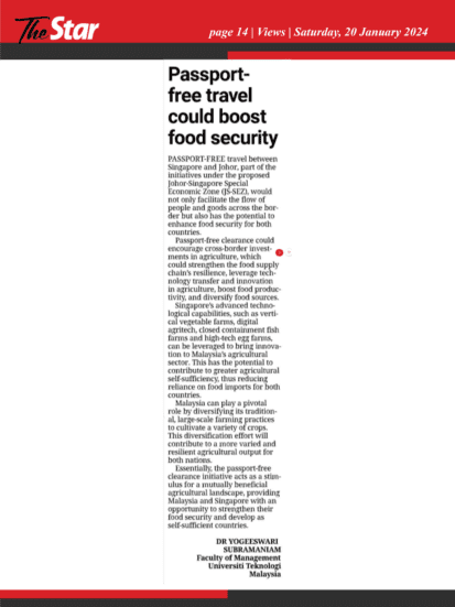 Passport free travel could boost food security [The Star Views ]