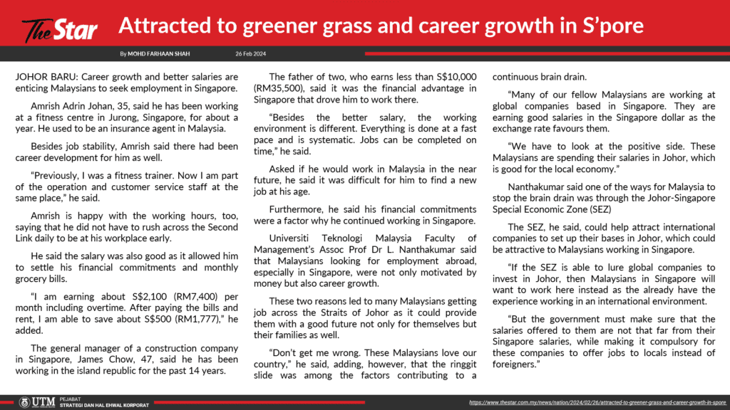 Attracted to greener grass and career growth in S'pore [The Star]