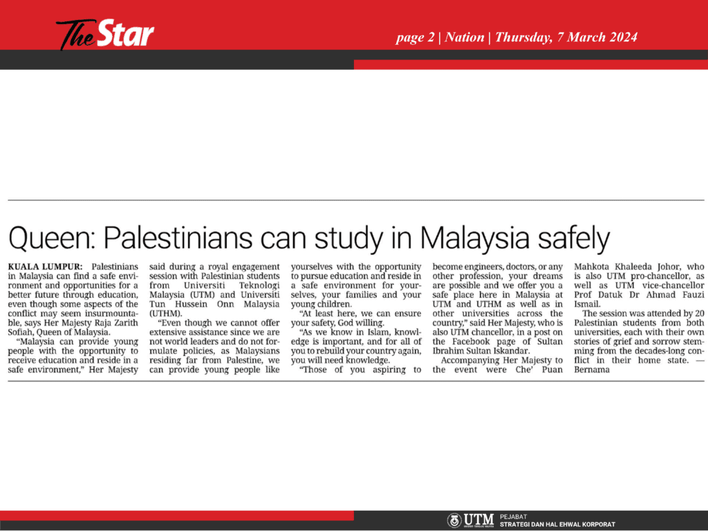 Queen Palestinians can study in Malaysia safely %91The Star Nation %93